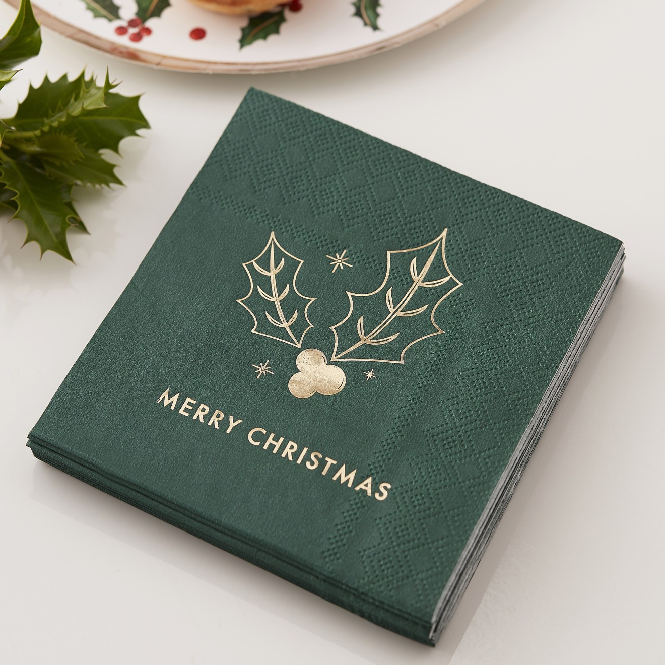 16 Paper Cocktail Napkins - Green Merry Christmas - Foiled